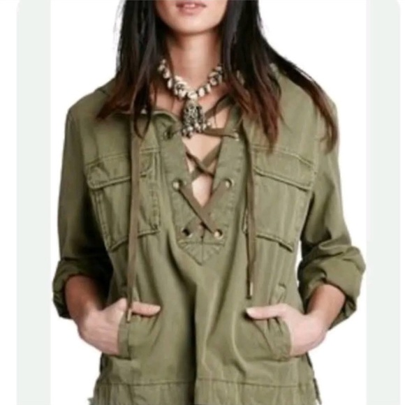 Free people pull over army green lace up safari style jacket size small pockets - Picture 2 of 7